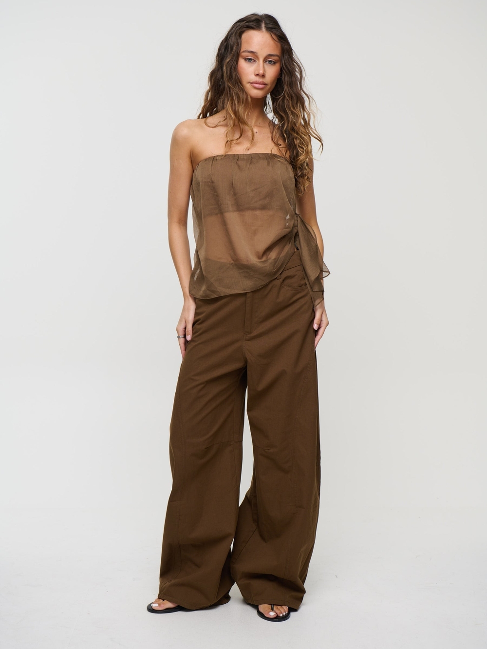 Strapless Sheer Top with Wide-Leg Pants - Brown